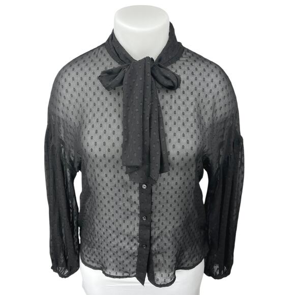 H&M Black Polka Swiss Dot Sheer Tie Neck Long Sleeve Button Up Blouse Top Sz 14 - Picture 1 of 3